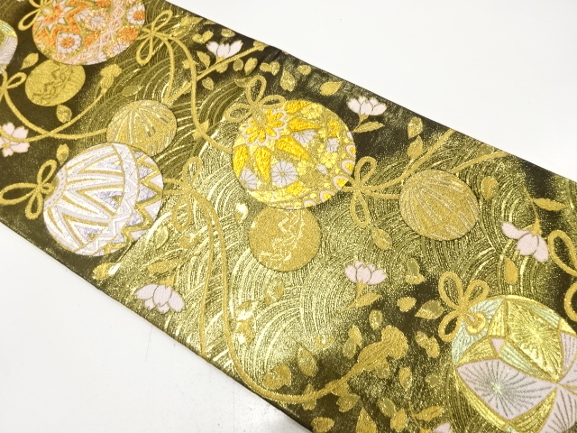 毬に桜・荒波模様織り出し　全通振袖用袋帯